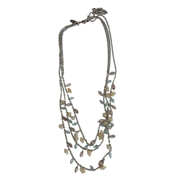 Talbots Triple Strand Necklace Silver Tone Beaded Fringe Blue White Gray - Picture 2 of 3